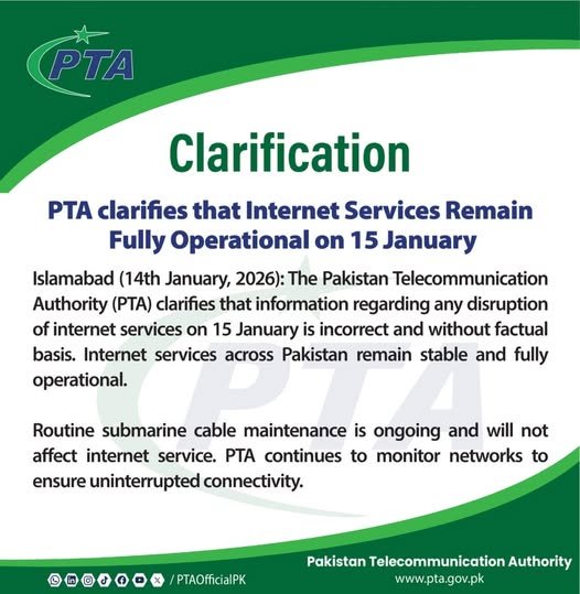PTA Debunks Internet Shutdown Rumors: Services Fully Operational on January 15