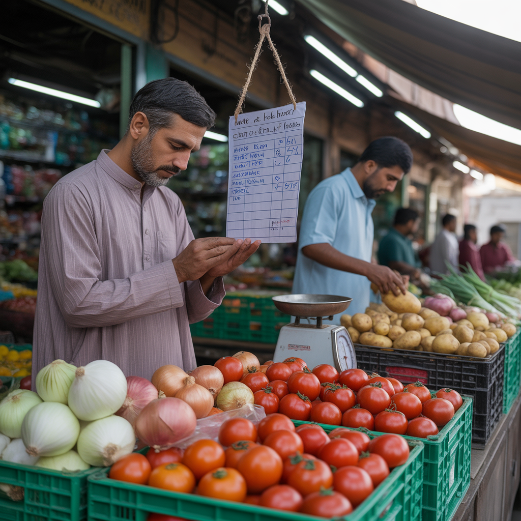 "action": "img_gen", "prompt": "A photorealistic, cinematic shot inside a bustling, open-air vegetable market in Lahore, Pakistan. In the foreground, a middle-aged shopper dressed in a traditional shalwar kameez is intently scrutinizing a handwritten price tag hanging above a crate of fresh tomatoes and onions. The shopper's expression shows a mix of calculation and mild concern. In the background, a shopkeeper is weighing potatoes on a mechanical scale, and other citizens are busy with their grocery shopping. The lighting is natural afternoon sunlight filtering through the market awning, creating high contrast and highlighting the vibrant colors of the produce. The scene captures the ground reality of the Weekly Sensitive Price Index (SPI), where even small price hikes are noticed by the common man. High-resolution, 8k quality, 4:5 aspect ratio.", "aspect_ratio": "4:5" }